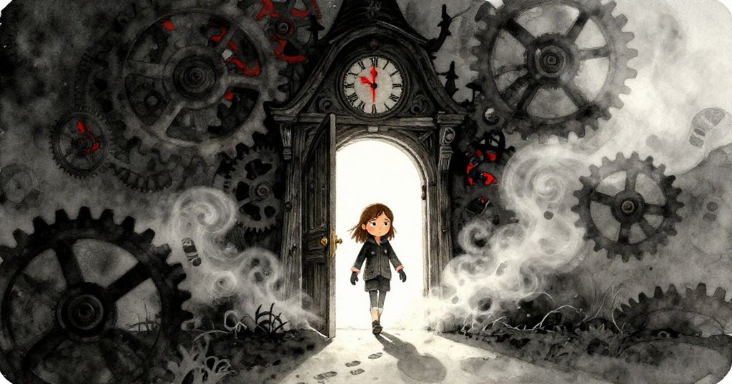 皮婭穿過老舊橡木門,進入鐘樓,灰塵與模糊足跡映襯神秘光影,機械齒輪隱約運作。