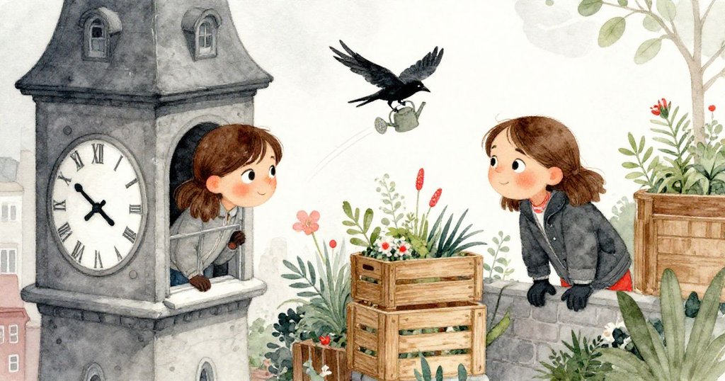 皮婭從狹窄窗戶探出頭來,俯瞰繁盛的城市花園,木箱裡香草搖曳,烏鴉在澆水器邊輕跳。