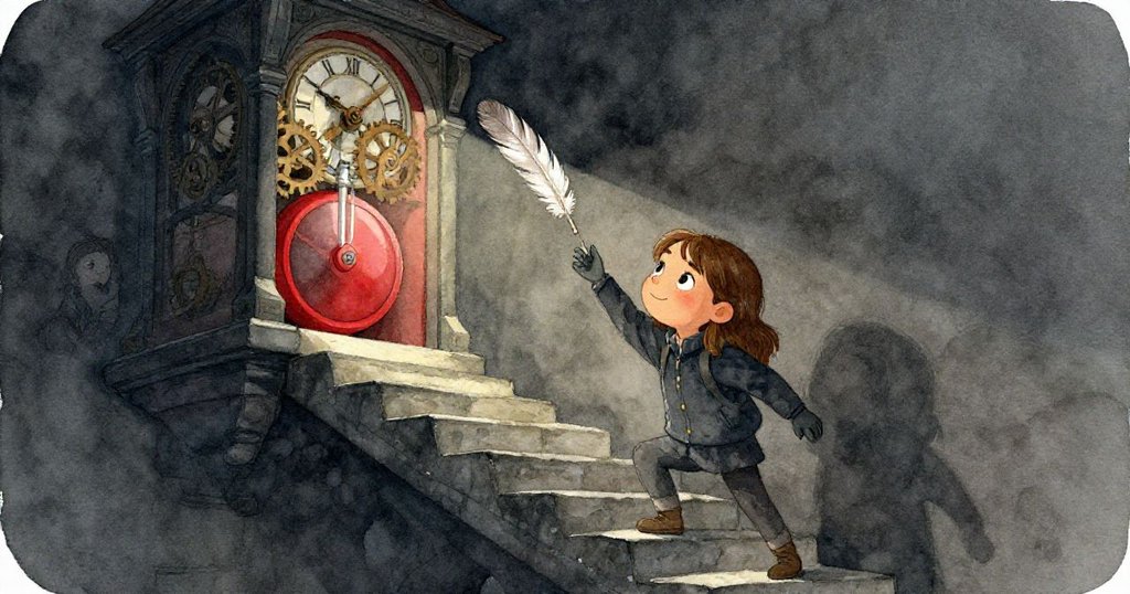 皮婭攀爬古老石梯,注意到齒輪旁閃亮羽毛,柔光穿透隙縫,機械與自然奇妙融合。