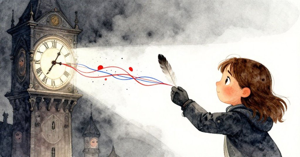 皮婭在光束中輕傾羽毛,紅藍線條逐漸顯現,黑點隨風飄揚,瞬間充滿奇幻與詩意。