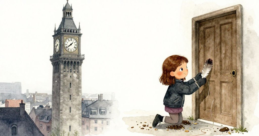 皮婭回到大廳,輕放羽毛靠在橡木門旁,地面散落絲線與種子,融合城市與自然靜謐情懷。