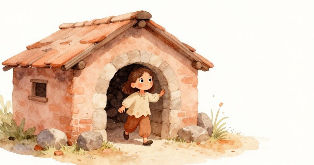 Ashia 輕步走入窯房，低拱門旁磚塵飛揚，溫暖橙光映襯，展現探索開端的神秘氛圍。