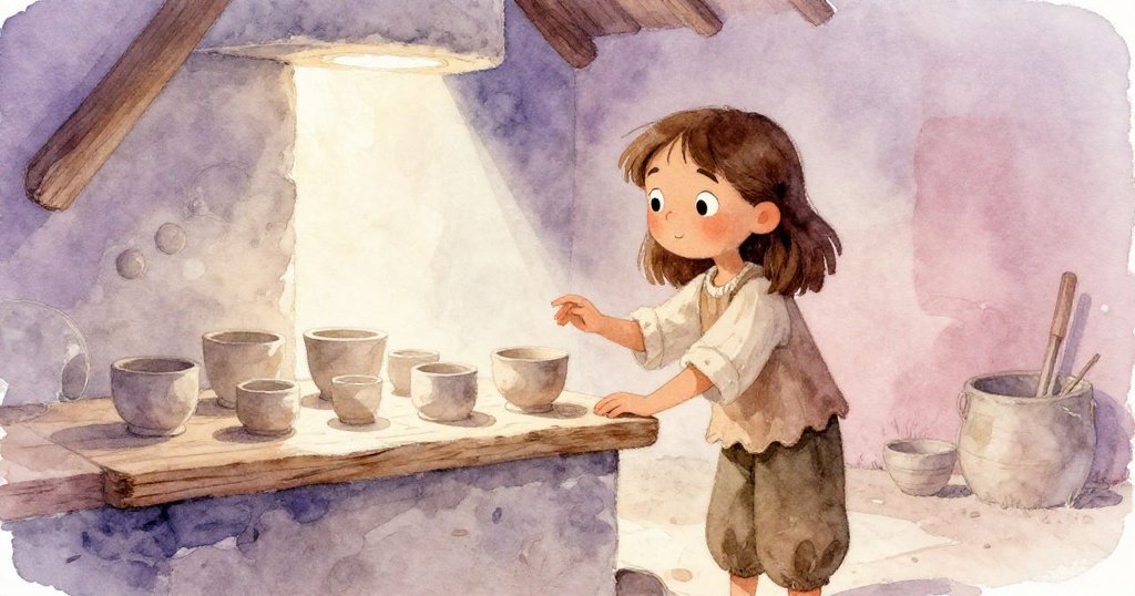 Ashia 在窯內靜觀未燒杯子，橡木板上柔光閃爍，層次豐富展現溫暖窯室與探索好奇心。