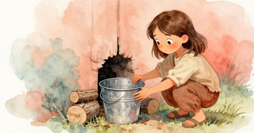 Ashia 小心推開窯口縫隙，細光照出隱於柴堆後的金屬桶，神秘光影交錯，展現專注探索。