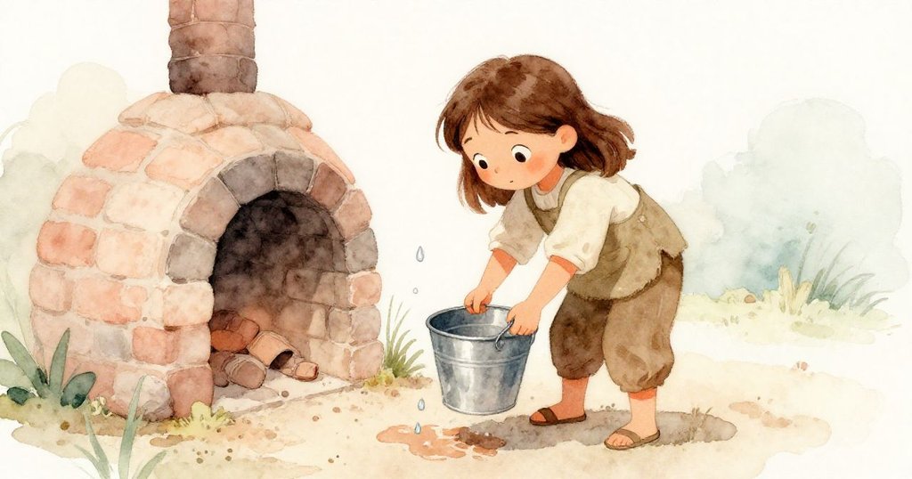 Ashia 輕傾金屬桶，水滴脫落在地面形成新痕，動作中展現出好奇與謹慎並存的情感。