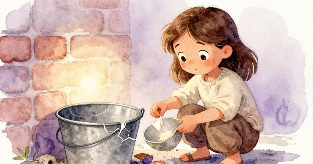 Ashia 輕柔修補破碎碗，將散落碎片輕放溫暖磚牆上，神情堅定且滿含溫情，寓意創作延續。