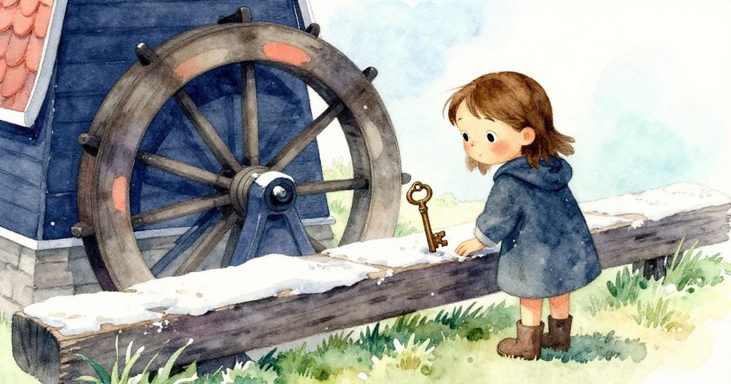 佩爾好奇地彎腰在霧麵粉的木樑旁發現一把隱約發光的銅鑰匙，古老磨坊背景展現神秘氣氛