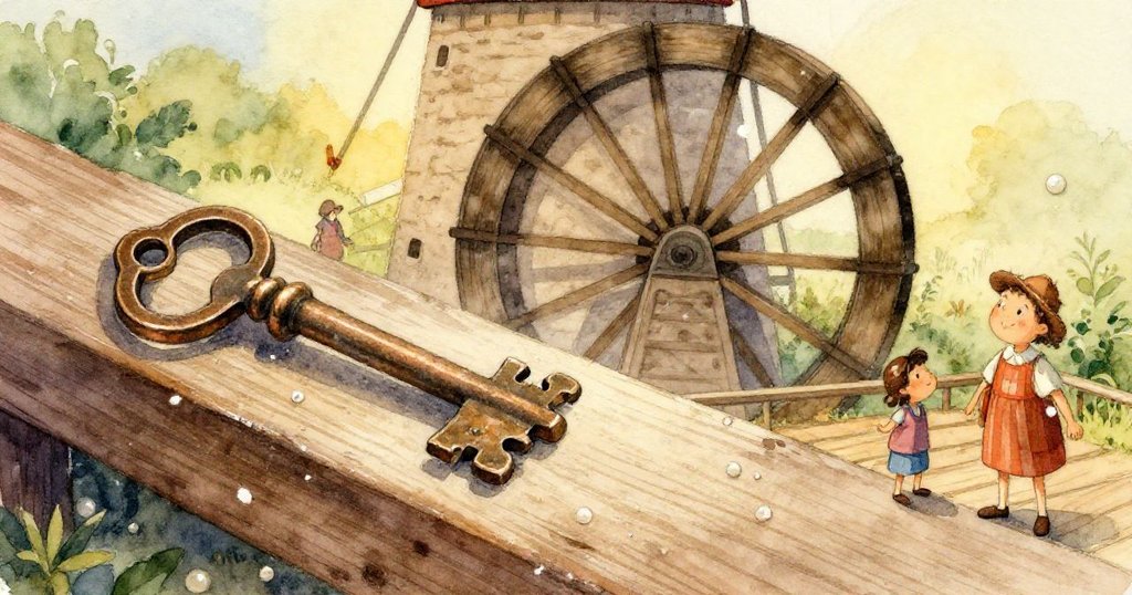 佩爾溫柔地用指尖輕刷銅鑰匙上的麵粉，特寫展現精細溝槽，氣氛溫暖而細膩