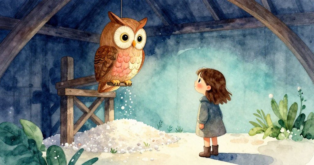 從佩爾的背後看去，她專注地注視著穀槽上那雕刻年代久遠、略帶破損的木製貓頭鷹，光影稜角交錯