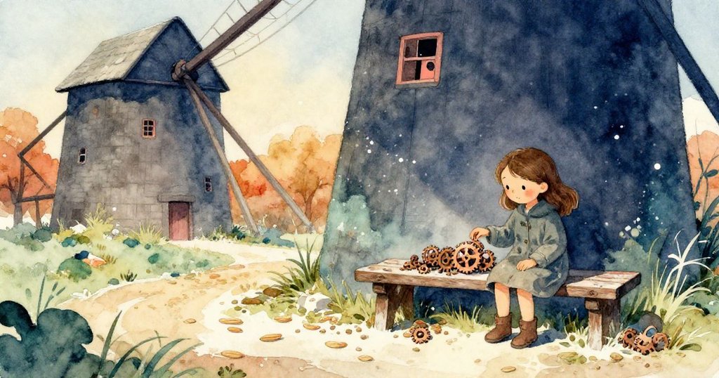 佩爾在秋日柔和光線中，彎身觀察散落穀物與小巧銅齒輪，麵粉輕飄為背景續寫故事發展