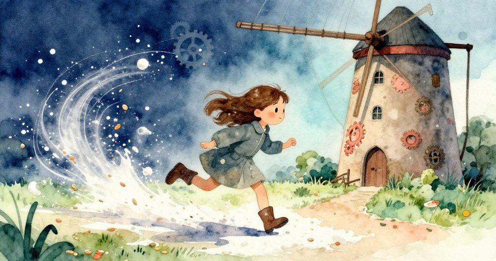 佩爾快步穿過磨坊，麵粉漣漪與陰影交織，隱約齒輪低鳴，營造動感而神秘的魔幻節奏