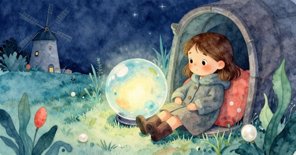 佩爾在磨坊角落安坐休息，臉上帶著平靜微笑，柔和的燈光映照著低語的神秘小球，結束奇幻一天