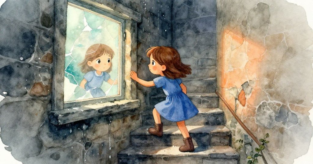 June攀登石階,透過破碎窗玻璃映出雙重影像,神秘光線映照著陰暗樓梯,充滿期待與奧妙。