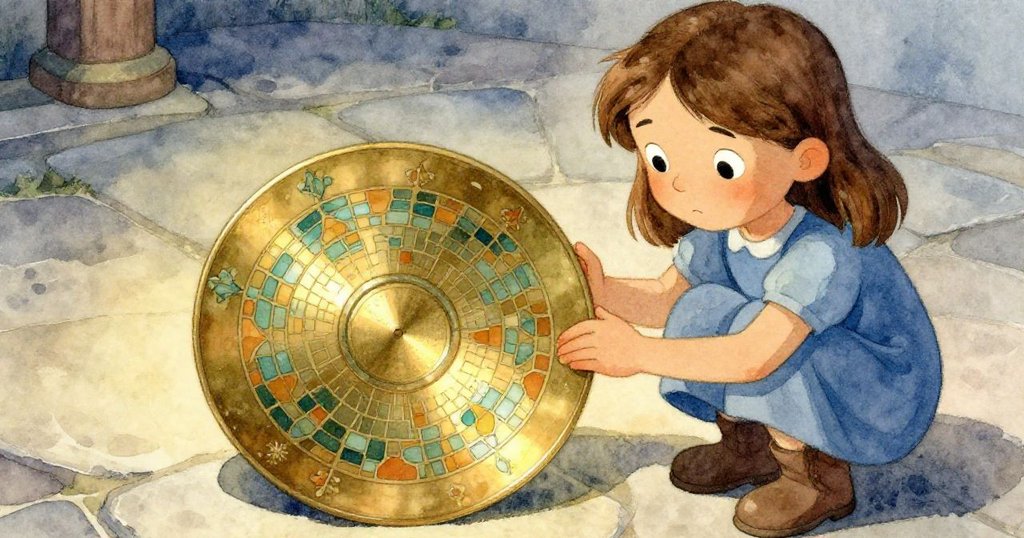 June小心提起銅盤,近景展示盤上隱藏花紋,溫暖柔光映照古老鐘樓平台,流露好奇與專注情緒。