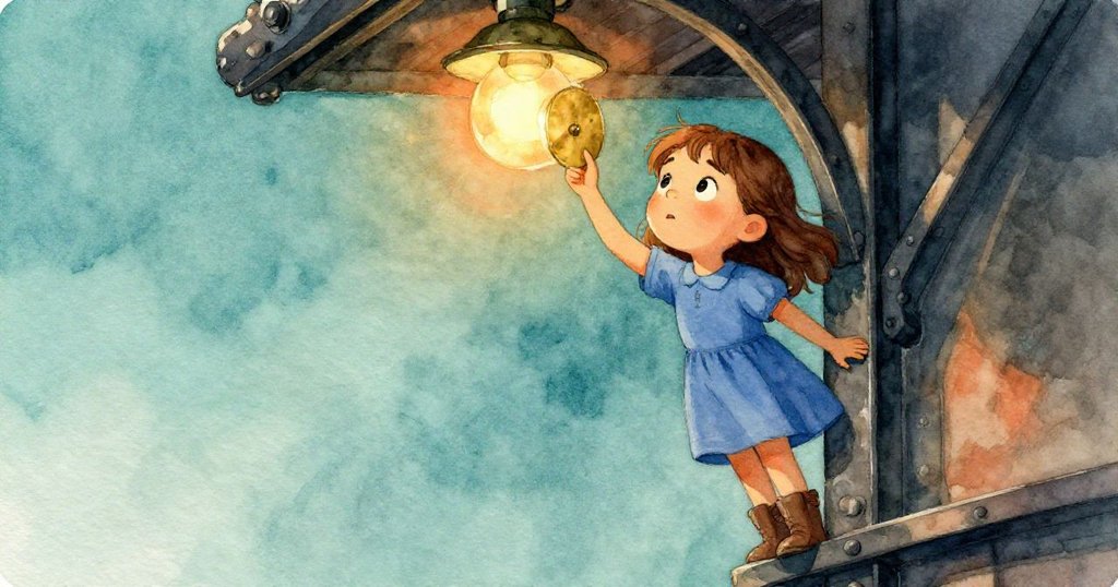 June靠在冰冷橫樑上,拿著古銅盤對著昏黃燈光,盤面反射出微妙光影,她專注而神秘探尋。