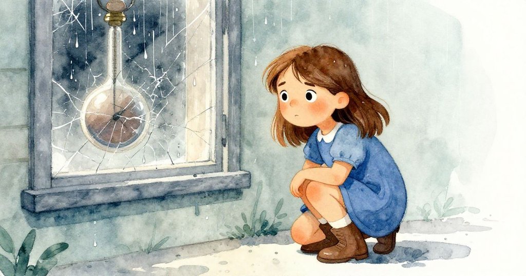 June蹲在有裂縫的窗邊凝望雨滴,背後鐘擺穩定滴答,營造出淡淡憂思與懷舊氛圍。