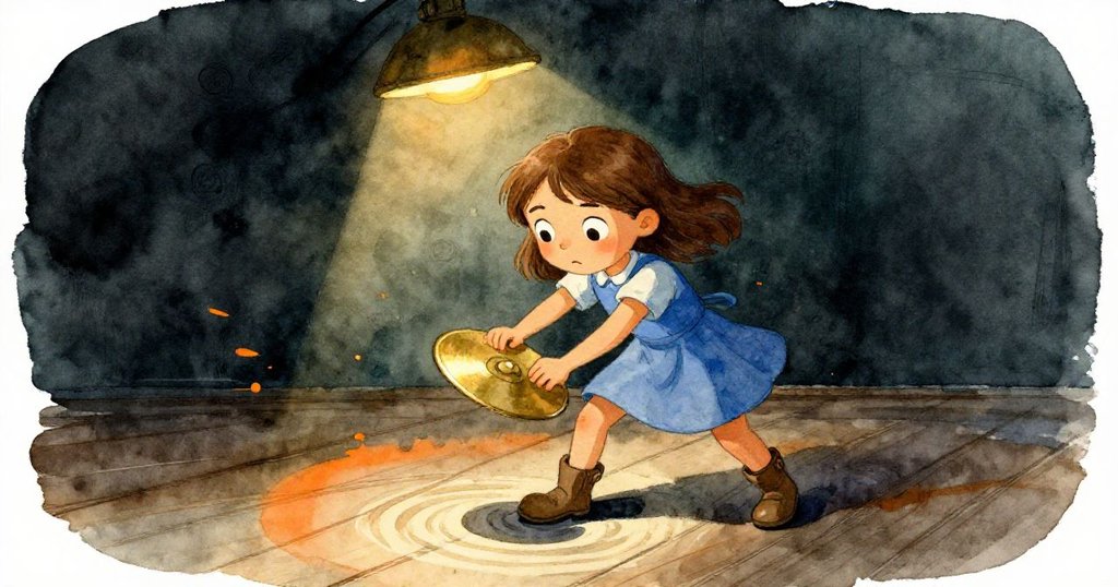 June急速調整銅盤角度,背景中樓板輕微震動,昏暗燈光下展現焦急與動感瞬間。