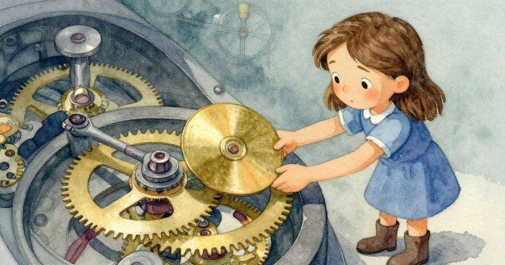 June專注將銅盤滑入調速槽中,畫面捕捉到齒輪細節與平靜光影,展現出解決後的寧靜與均衡。