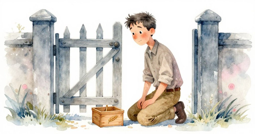 Rafe跪在木門旁，細察刻有麥穗紋理的小木盒，暖陽映照下呈現出自然淺色調，充滿神秘象徵意義。