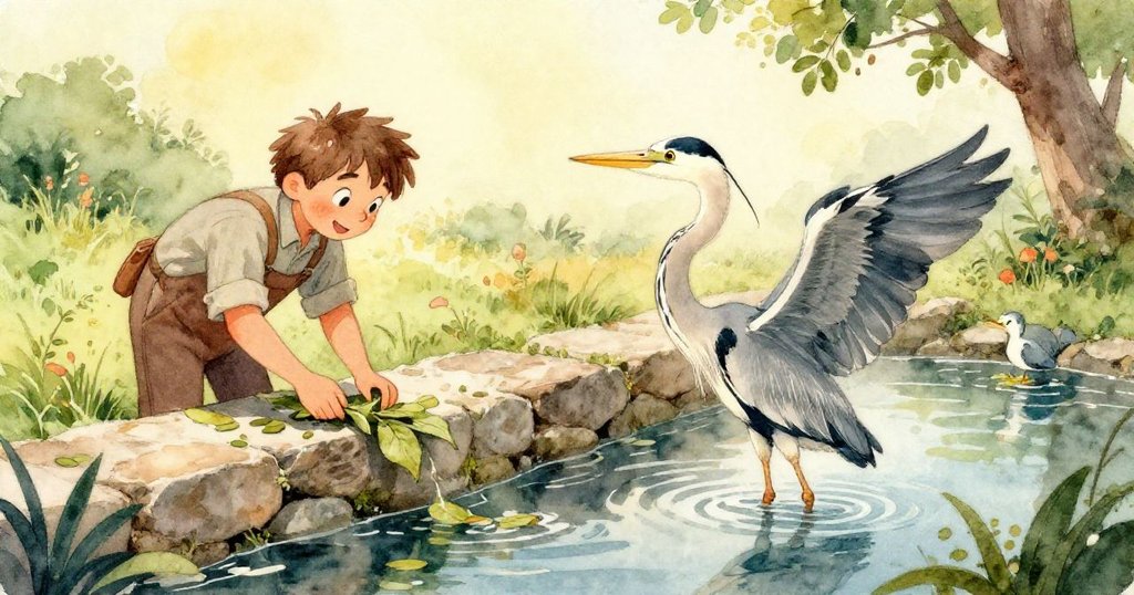 從Rafe視角看見一隻灰鸛穩立於淺水中，水波柔和反射出藍灰色光影，意境神秘而充滿驚奇。