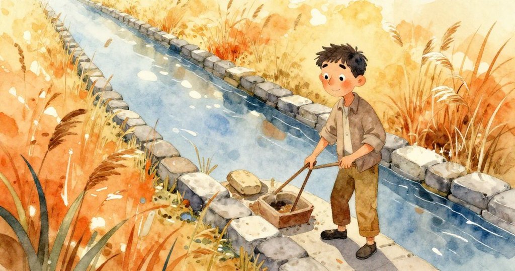 從高處俯瞰，石渠蜿蜒流淌，茂密蘆葦搖曳生姿，遠處Rafe勞作身影渺小而堅定，充滿大自然氣息。