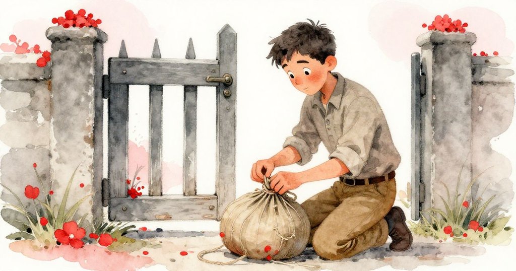 Rafe蹲在舊木門邊，專注解開糾纏的麻布，臉上流露決心與輕微挫折感，背景呈現自然水紋細節。