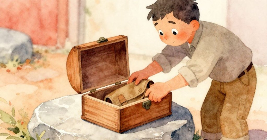 Rafe將空木盒收入背囊，溫暖石面上盒蓋半開散發泥土香氣，細膩光影中隱含神秘與解脫感。