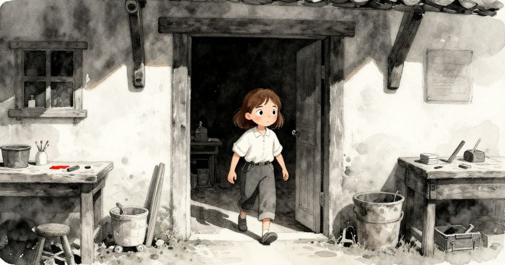 Thea走進古樸工坊，從門口看見木梁與斑駁光影，她神情堅定，準備開始一天忙碌的工作