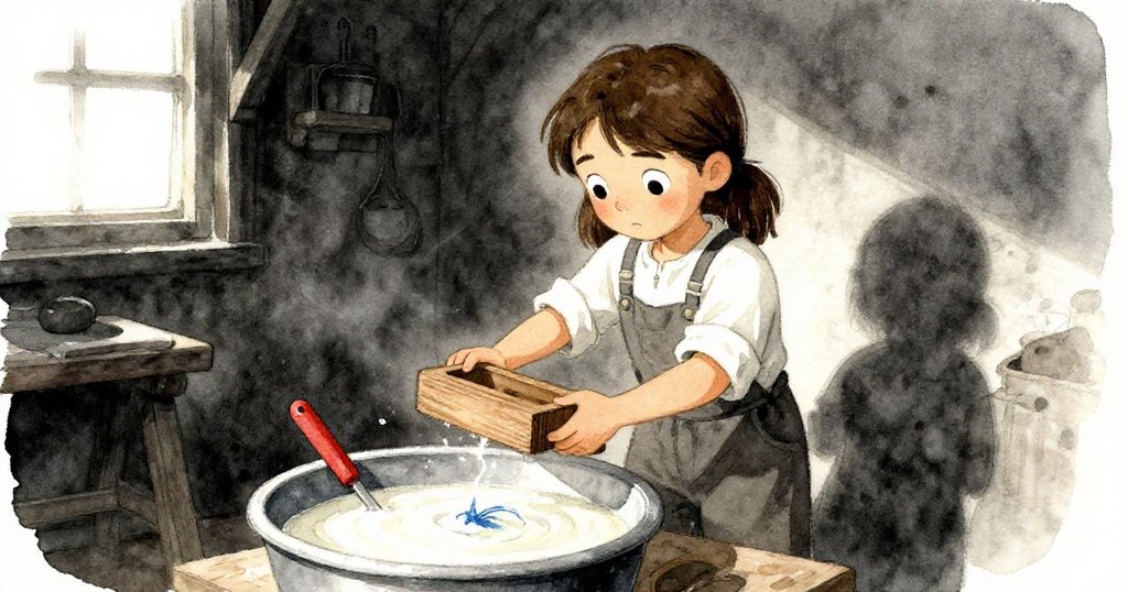 Thea在工坊中觀察槽內漂浮的藍色纖維，手握木模，對比鮮明的紅色工具點綴，散發神秘感