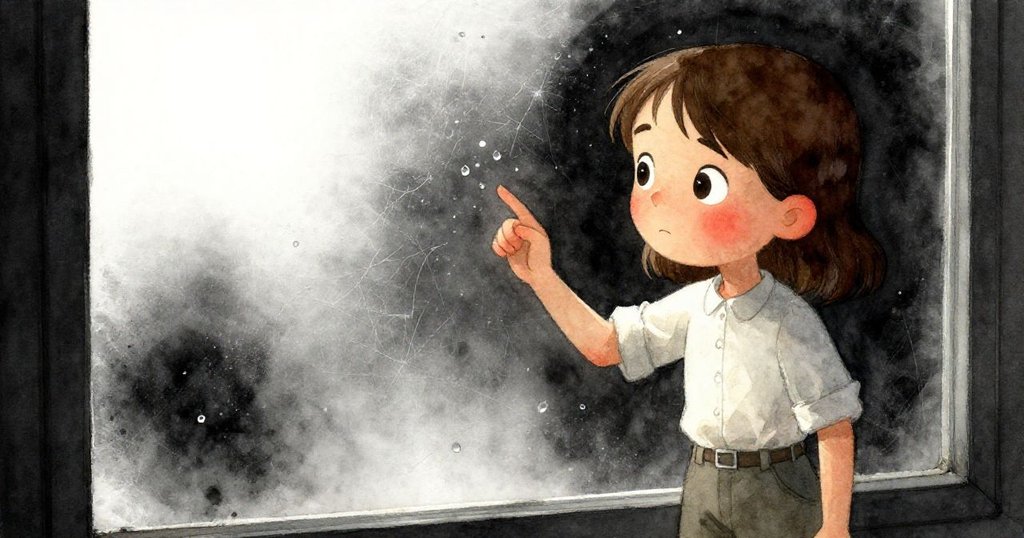 Thea透過朦朧的窗戶凝視濕潤網狀痕跡，神情專注，背景帶有水滴點綴與朦朧光影