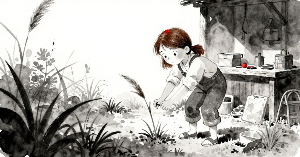 Thea在工坊旁的花園中撿起細長的蘆葦，動作輕柔專注，陽光灑落綠意背景中隱約見工坊