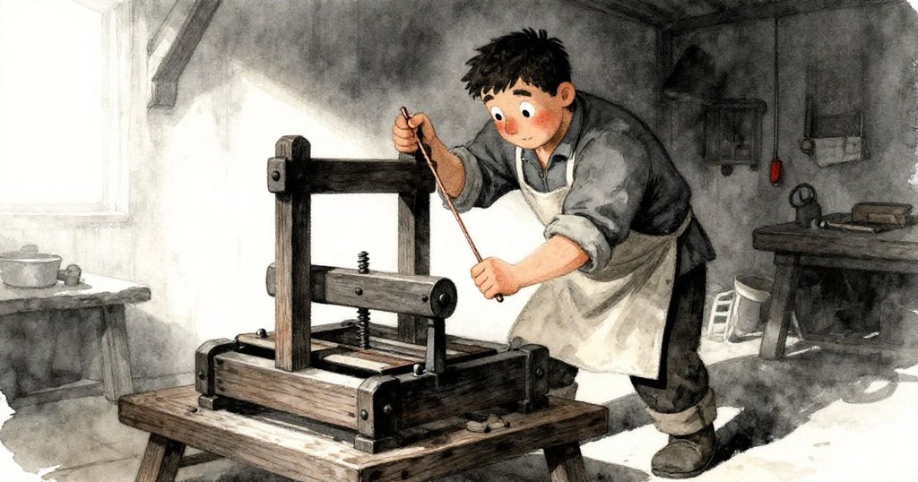 Atlas在工坊內努力調整古老壓榨機，手持銅條，神情專注而著力挑戰堅硬機件，光影對比強烈