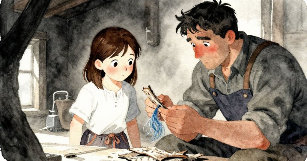 Thea與Atlas在工坊內安靜角落研究藍色纖維與染色樹皮碎片，眼神中閃爍著創新與好奇的光芒