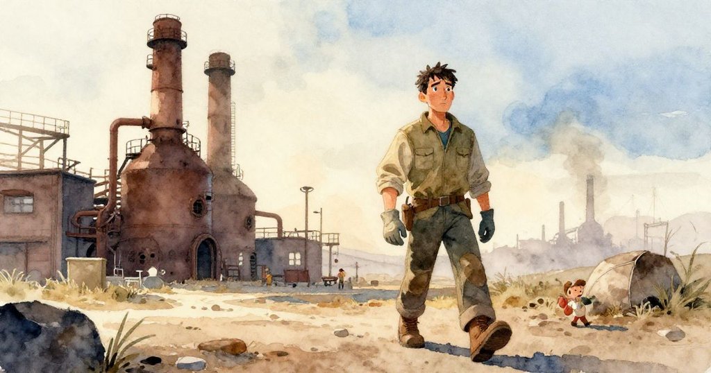 Wade 穿著工作服在黎明時分步入古舊工廠,面帶堅定,背景展現金屬結構及初升晨光。