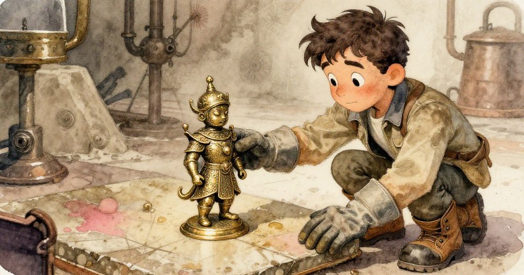 Wade 的手套輕提細緻金屬護衛雕像,雕像閃爍著古銅光澤,展示昔日榮光與工業痕跡。