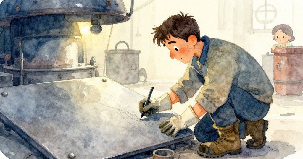 Wade 從肩後角度專注觸摸金屬上的刻痕,背景呈現微微爐火光影,動作細膩且充滿尋找線索之情。