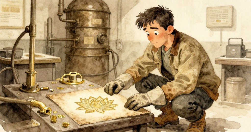 Wade 靜坐於舊工作台前,低頭凝視灰燼中淡淡蓮花痕跡,回憶感與懷舊色調融為一體。