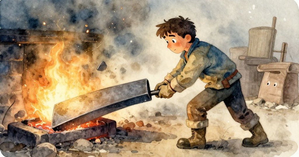 Wade 用力撼動彎曲金屬板,背景爐火熾烈,火星飛濺,整個場景充滿緊張與動感。