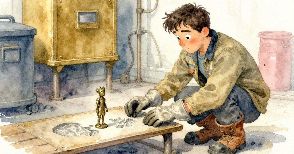 Wade 輕放護衛雕像於刻有蓮花印記的灰燼工作台上,表情沉思,柔光映照出神秘而溫柔的結局。