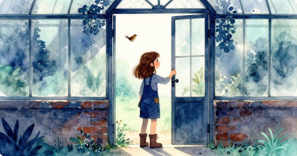 Wren在晨曦中解鎖玻璃溫室側門，輪廓映在明亮露水中，展露期待與神秘感。