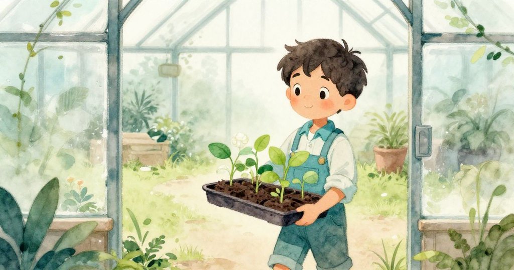 透過微霧玻璃，Dorian端著苗盤走過，溫室內部瓷磚地面與柑橘造景隱約呈現。