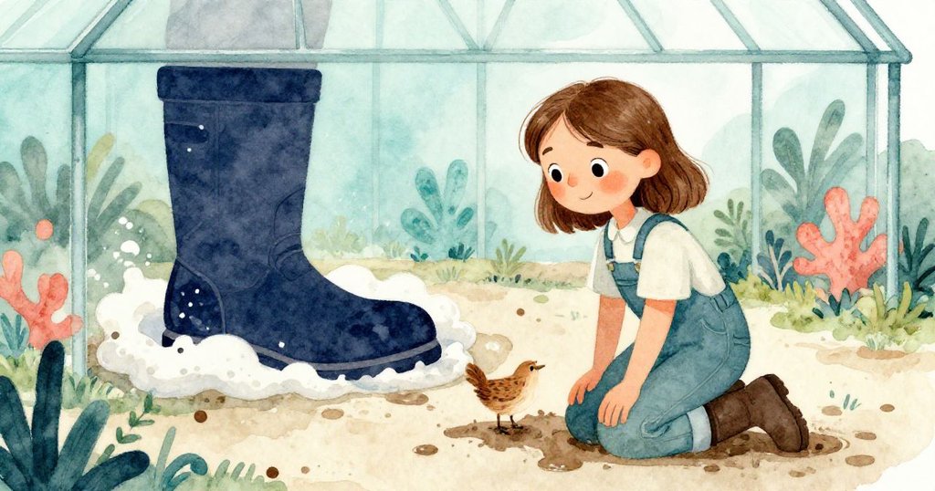 Wren蹲下檢查泥跡印記，畫面一半呈現真實磚面，另一半浮現細長靴印幻影，神秘與夢幻交織。