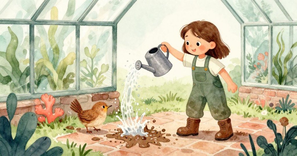 水壺傾倒灑水於泥跡上，Wren伸手輕觸模糊印記，現場情緒緊張且充滿動感細節。