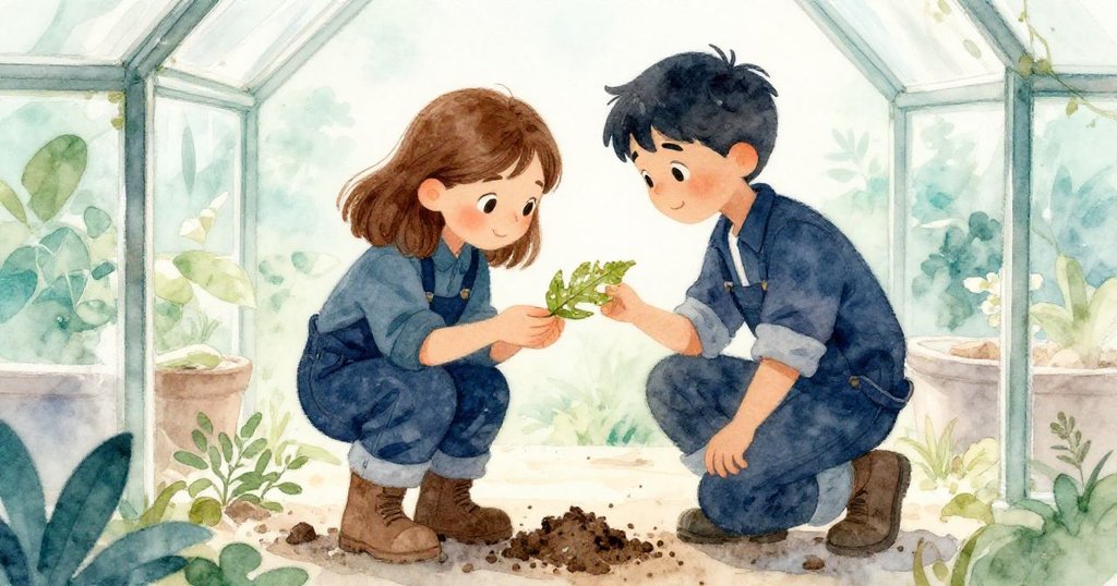 在溫室中，Wren與Dorian團聚，共同細看覆泥葉片，神情平和，場景充滿綠意與溫馨感。