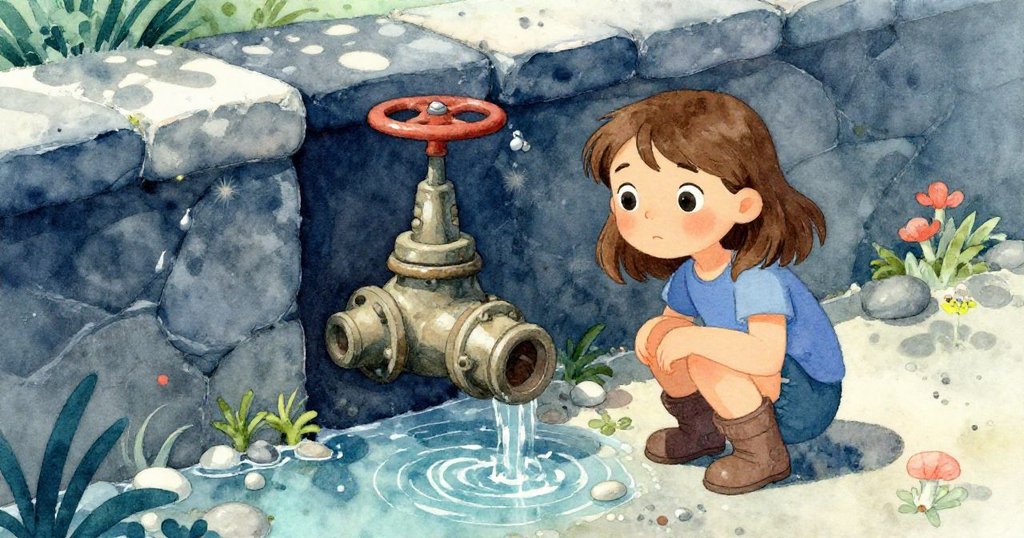 小女孩喬伊蹲在狹窄石溝旁，手觸泥瓦閥門，水花輕拍石面，表情好奇，展現初始探索景象。