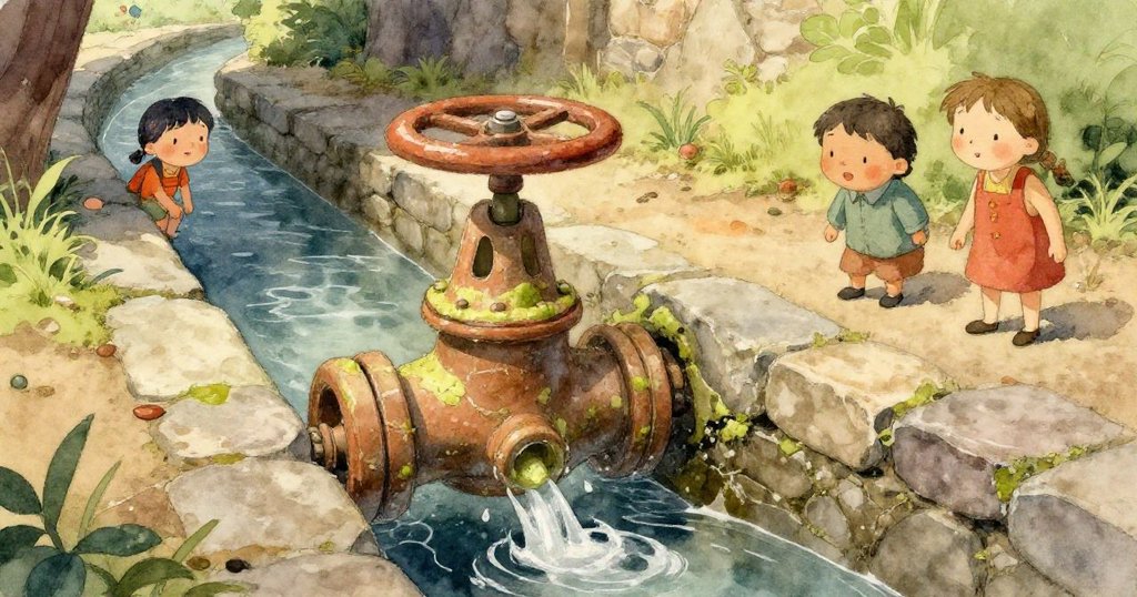 小女孩喬伊的手濕潤觸碰滿裂紋的泥瓦閥門，水滴閃爍，展現探索細節與精緻石面質感。