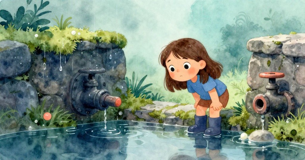 小女孩喬伊在霧氣瀰漫、綠苔覆蓋的石徑旁凝望，微風輕拂，展現雨後清新的季節感。