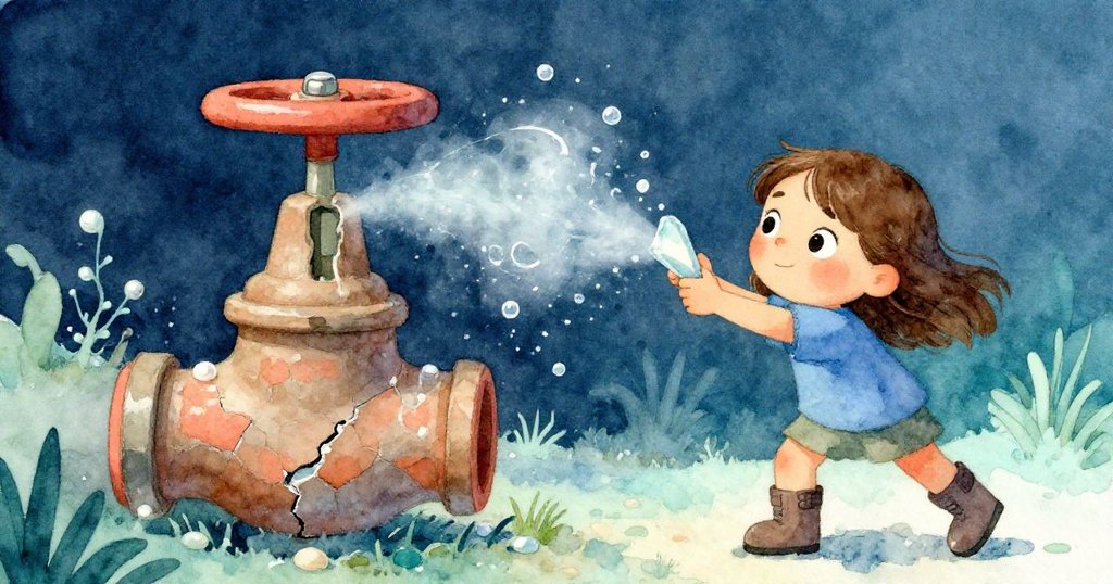 小女孩喬伊堅定扭動嵌在閥門中的碎片，水珠四濺，石塊輕動，傳遞出決定性轉折的動感瞬間。