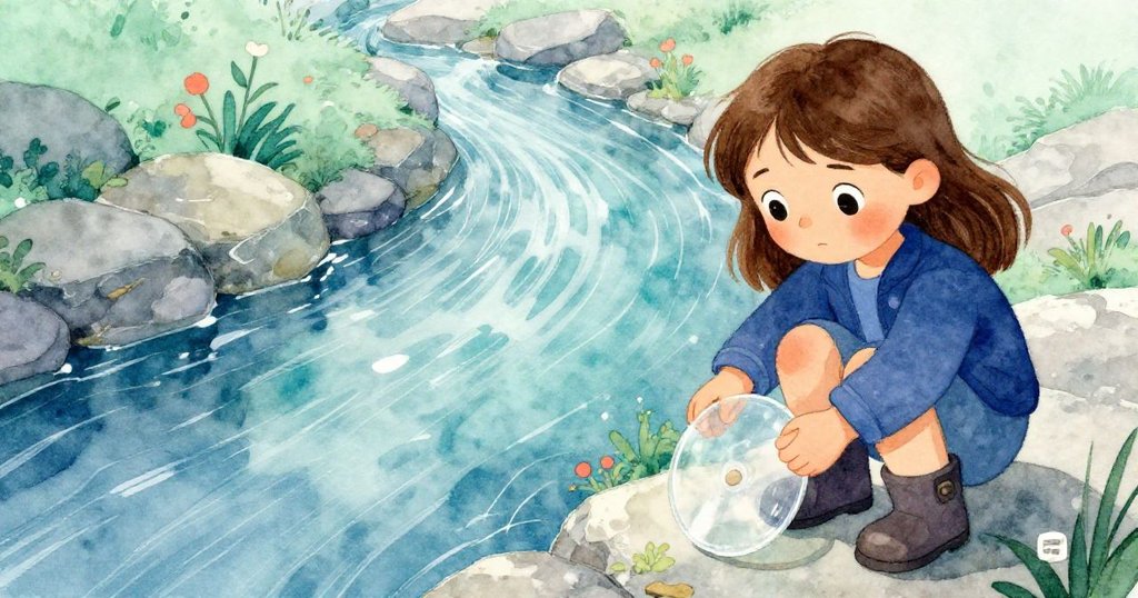 小女孩喬伊將透明樹脂光盤輕收夾克，站在靜流石徑旁，水面光影閃爍，流露出期待續篇的柔和希望。