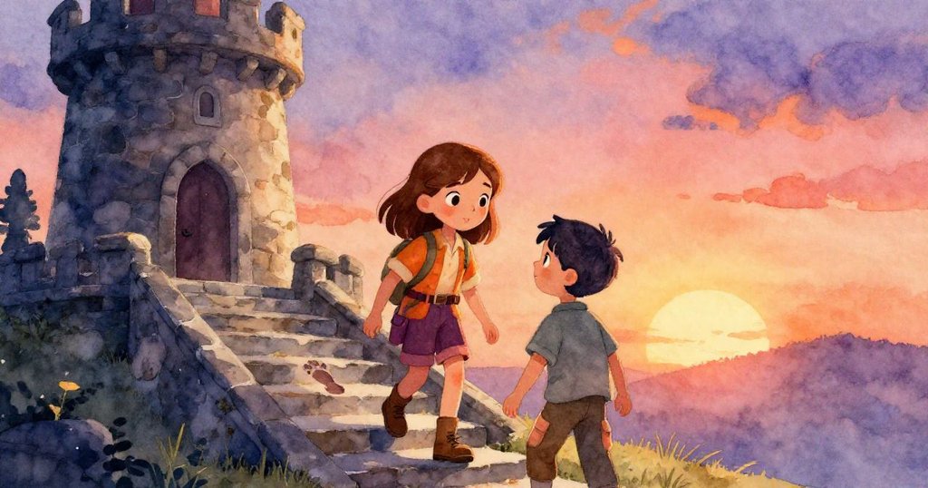 Gwen與Ivan向古老石塔靠近，傍晚的暖光中展現神秘腳印與塔身輪廓，兩人充滿好奇前行。